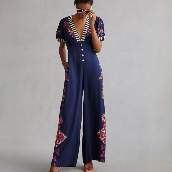 NWT Farm Rio Deep V Jumpsuit Size S Small Navy Blue Hearts Floral Tropical - Picture 6 of 8